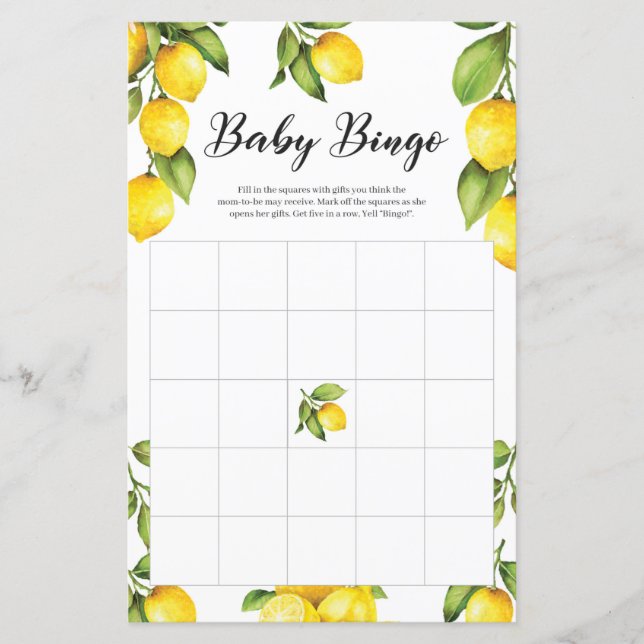 Citrus Lemons Baby Shower Bingo Game Card (Front)