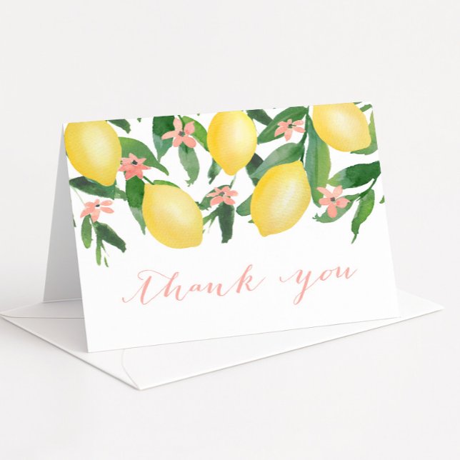 Citrus Lemons Pink Baby Shower or Bridal Shower Thank You Card (Lemons with pretty pink blossoms baby girl shower thank you card)