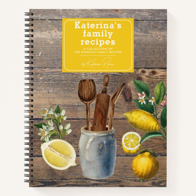 Citrus Lemons Wood Kitchen Utensils Family Recipe Notebook (Front)