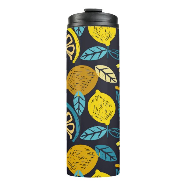 Citrus lime lemon doodle hand drawn pattern backgr thermal tumbler (Front)