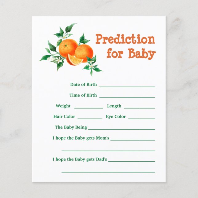 Citrus Little Cutie Baby Shower Prediction Game (Front)