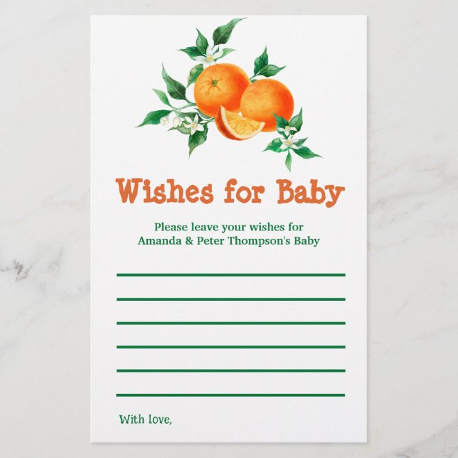 Citrus Little Cutie Baby Shower Wishes Game Card (Front)