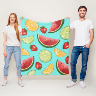 Citrus Melon Strawberry Fruits On Light Blue Fleece Blanket