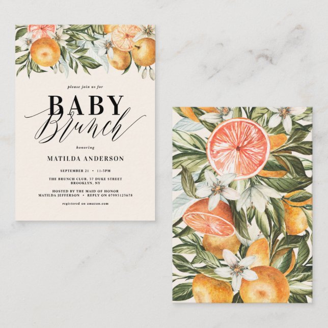 Citrus, orange + blossom baby brunch party card (Front/Back)