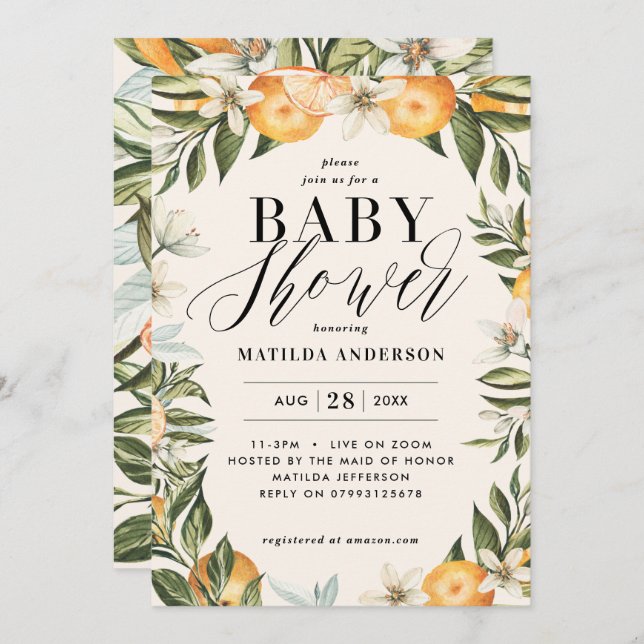 Citrus orange blossom baby shower party invitation (Front/Back)