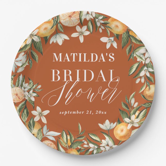 Citrus, orange + blossom bridal shower party decor paper plate (Front)