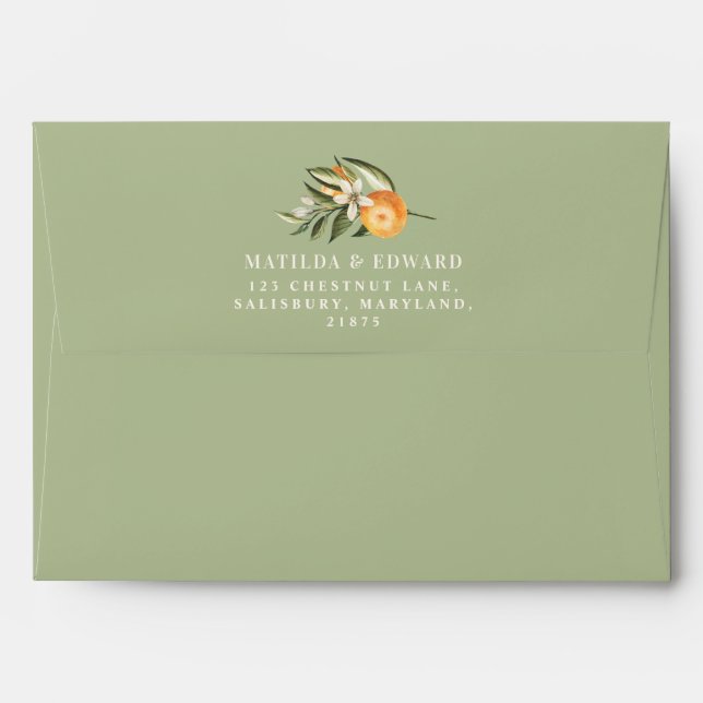 Citrus, orange + blossom wedding sage green modern envelope (Back (Top Flap))
