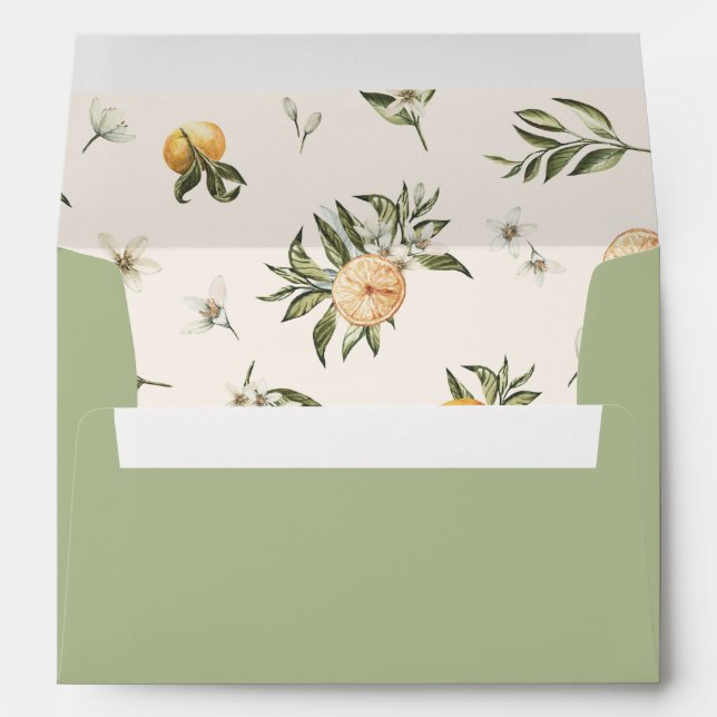 Citrus, orange + blossom wedding sage green modern envelope (Back (Bottom))