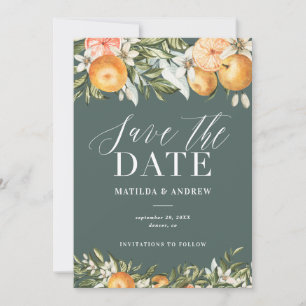 Citrus, orange + blossom wedding save the date