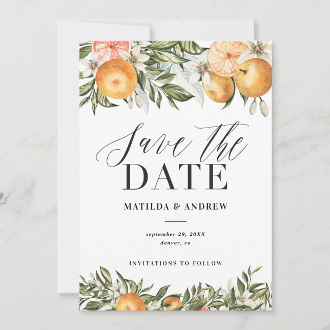 Citrus, orange + blossom wedding save the date (Front)