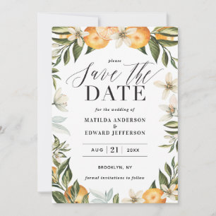 Citrus, orange + blossom wedding save the date
