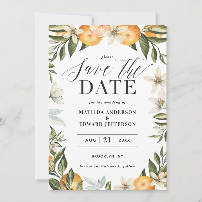 Citrus, orange + blossom wedding save the date (Front)