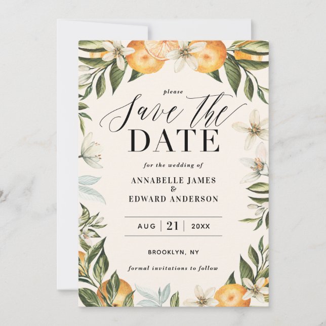 Citrus, orange + blossom wedding save the date (Front)