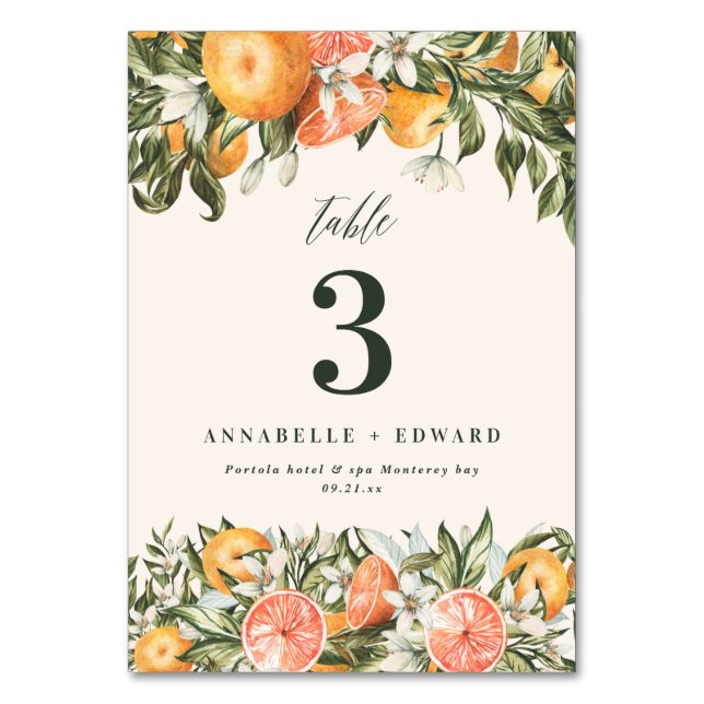 Citrus orange botanical modern rustic table number (Front)