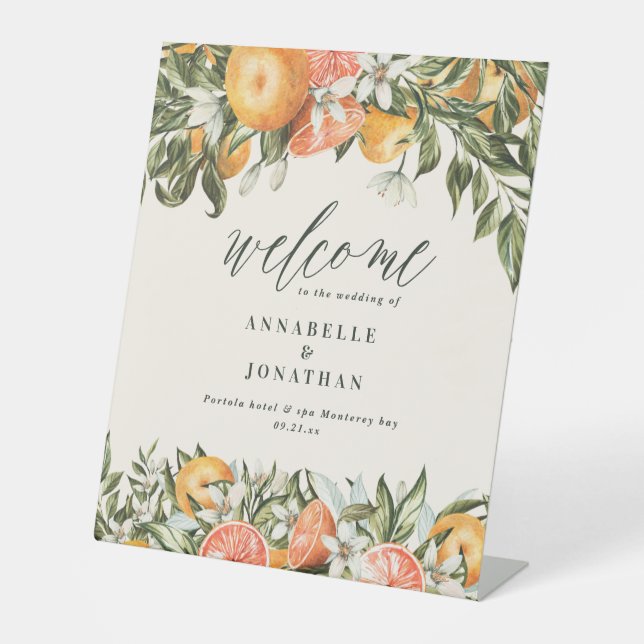 Citrus orange botanical modern rustic welcome pedestal sign (Front)