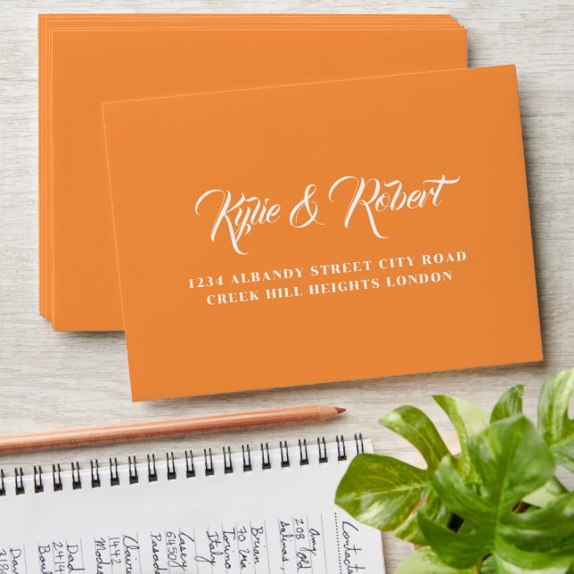 Citrus Orange Calligraphy Script Wedding Envelope (Stacked)