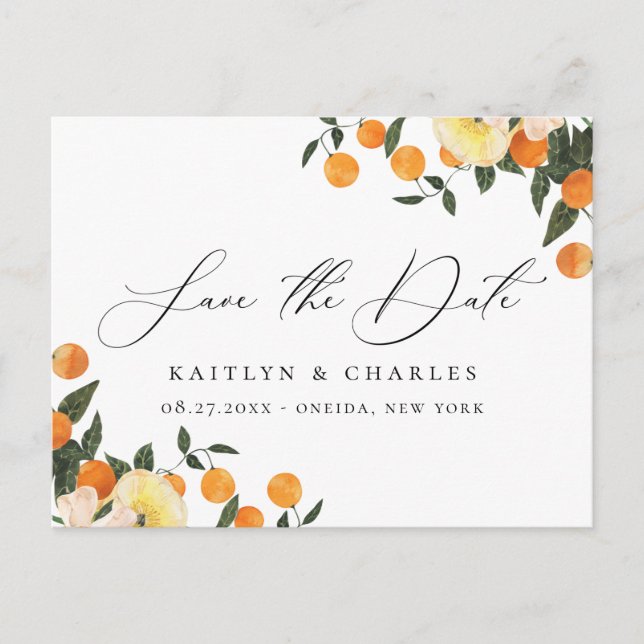 Citrus Orange Floral Wedding Save the Date Announcement Postcard (Front)