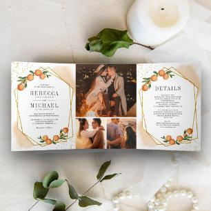 Citrus Orange Gold Frame Photo Collage Wedding Tri-Fold Invitation