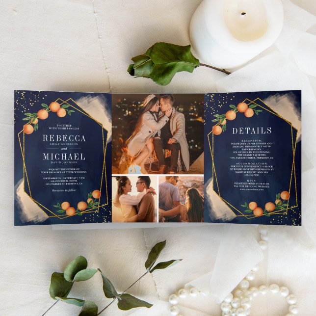 Citrus Orange Gold Navy Blue Photo Collage Wedding Tri-Fold Invitation (Creator Uploaded)