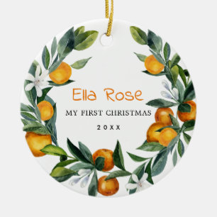 Citrus Orange Greenery Wreath Baby 1st Christmas Ceramic Ornament