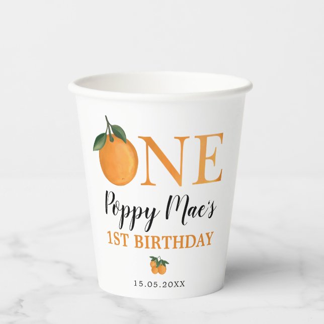 Citrus Orange Little Cutie 1st First Birthday Paper Cups (Front)
