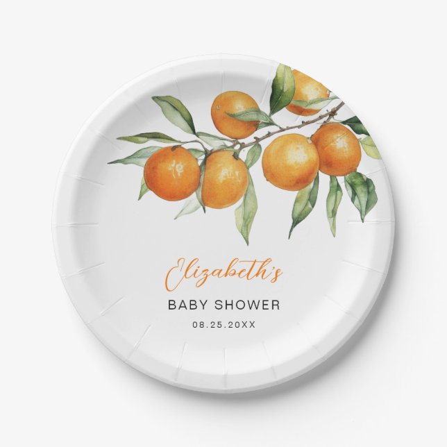 Citrus Orange Little Cutie Baby Shower Paper Plate (Front)