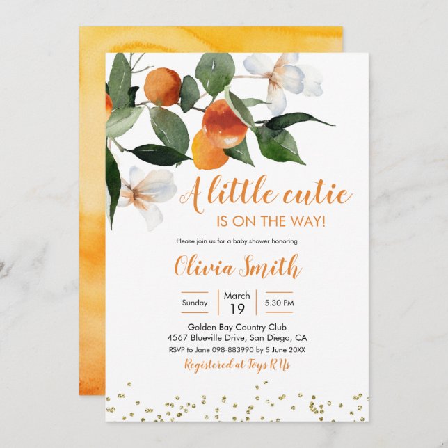 Citrus Orange Little Cutie Is On The Way Baby  Invitation (Front/Back)