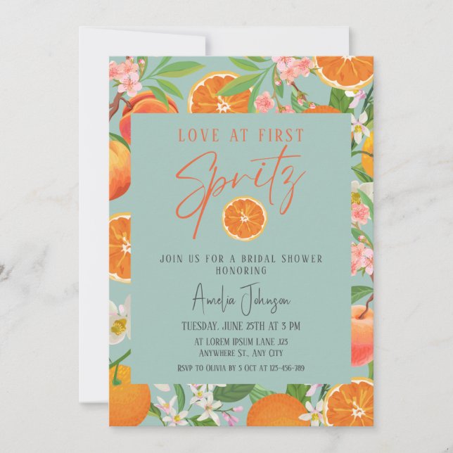 Citrus Orange Love at First Spritz Bridal Shower  Invitation (Front)