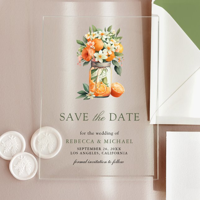 Citrus Orange Mason Jar Wedding Save the Date Acrylic Invitations (Creator Uploaded)