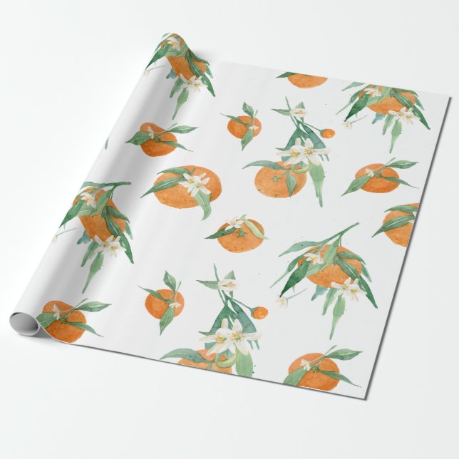 Citrus Orange n White Watercolor Floral Foliage Wrapping Paper (Unrolled)