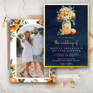 Citrus Orange Navy Blue Mason Jar Wedding Gold