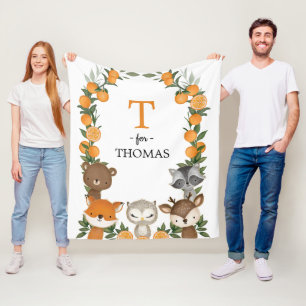 Citrus Orange Woodland Greenery Animals Monogram Fleece Blanket