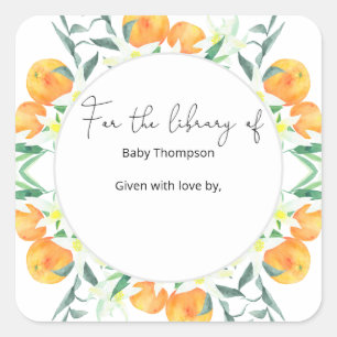 Citrus oranges - baby shower bookplate square sticker