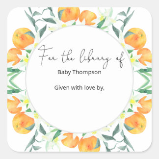 Citrus oranges - baby shower bookplate square sticker