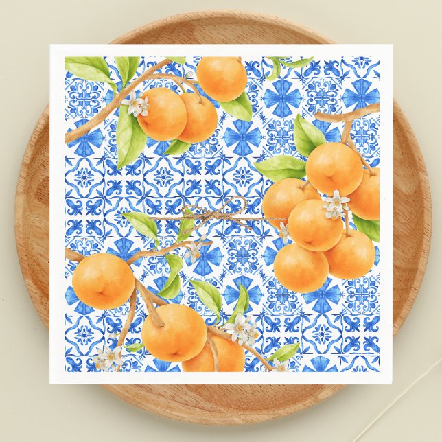 Citrus Oranges & Blue Azulejo Tiles Napkin (Citrus Oranges Little Cutie Azulejo Tiles )
