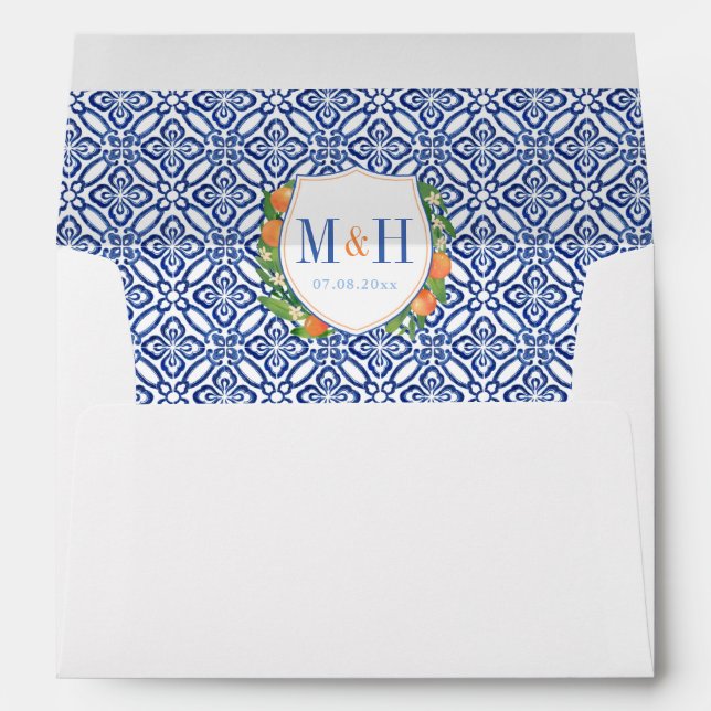Citrus Oranges Blue Tiles Monogram Return Address Envelope (Back (Bottom))