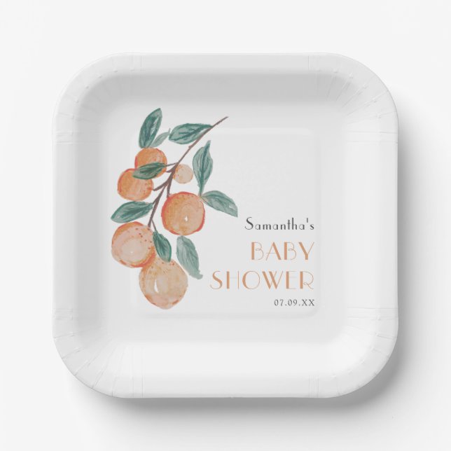 Citrus Oranges Green Gender Neutral Baby Shower Paper Plate (Front)