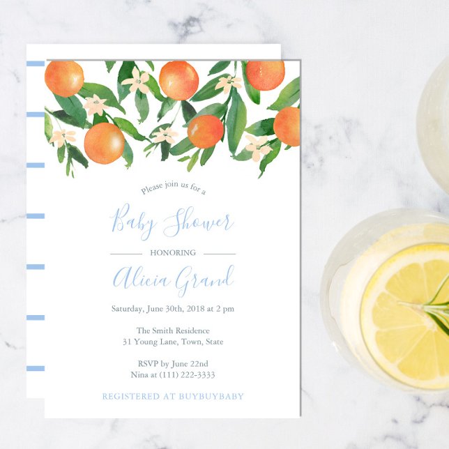 Citrus Oranges Powder Blue Accents Boy Baby Shower Invitation (Creator Uploaded)