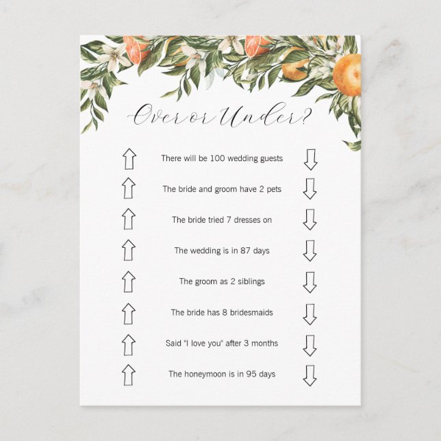 Citrus Over or Under Bridal Shower Game  Postcard (Front)