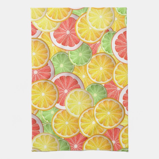 Citrus pattern - grapefruit, lemon, lime, orange tea towel (Vertical)