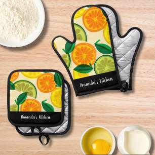 Citrus Pattern Green Orange Lemon Personalised   Oven Mitt & Pot Holder Set