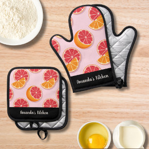 Citrus Pattern Orange Lemon Personalised Kitchen Oven Mitt & Pot Holder Set