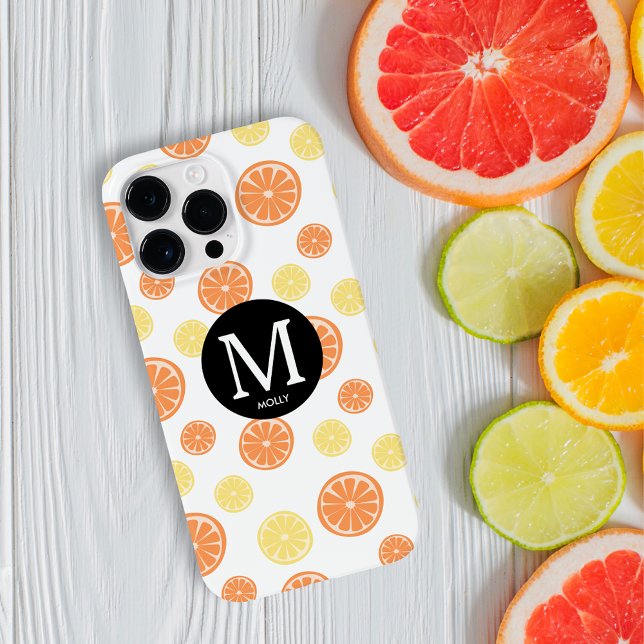 Citrus Pattern Orange Lemon Round Monogram White iPhone Case (Creator Uploaded)