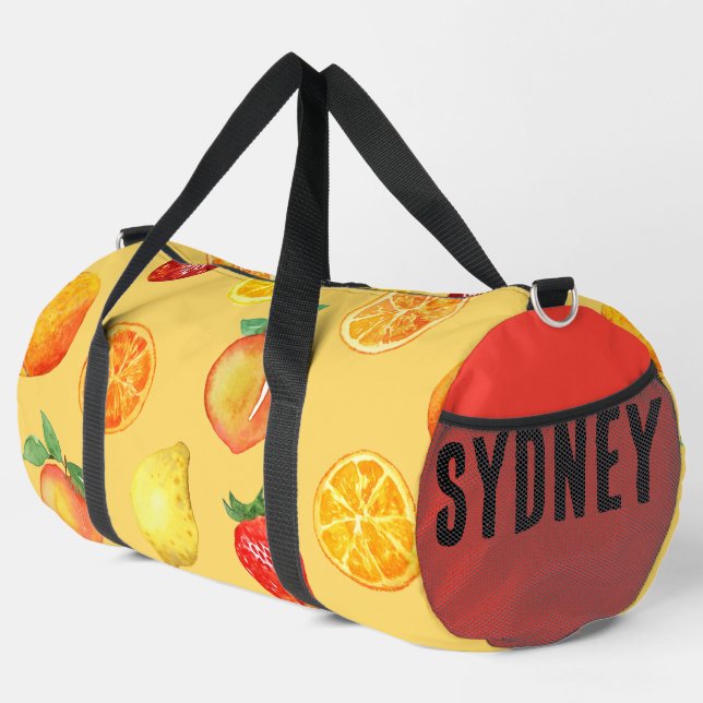 Citrus & Peaches Red Side Custom Name Duffle Bag (Right Corner)