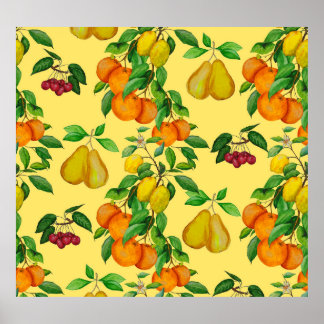 Citrus, pear, cherry: watercolor print. poster