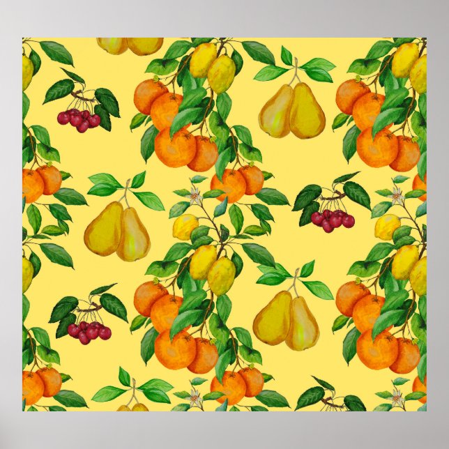 Citrus, pear, cherry: watercolor print. poster (Front)
