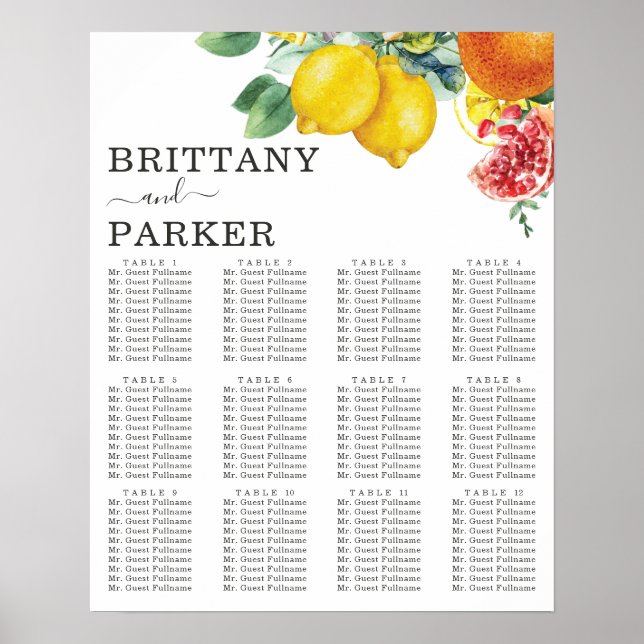 Citrus Personalized Wedding Table Seating Poster (Front)