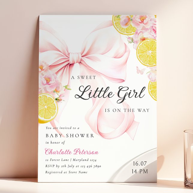 Citrus Pink Bow Lemon Baby Shower Invitation (Creator Uploaded)