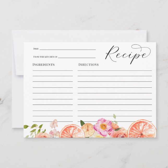 Citrus Pink Flowers Bridal Shower Recipe Card (Front)