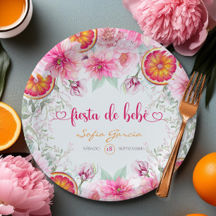 Citrus & Pink Flowers Fiesta Spanish Baby Shower Paper Plate